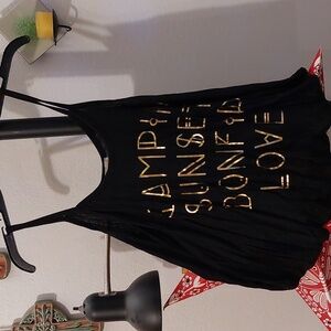 Cute black tank with gold lettering "campin, sunset, bonfire, love"